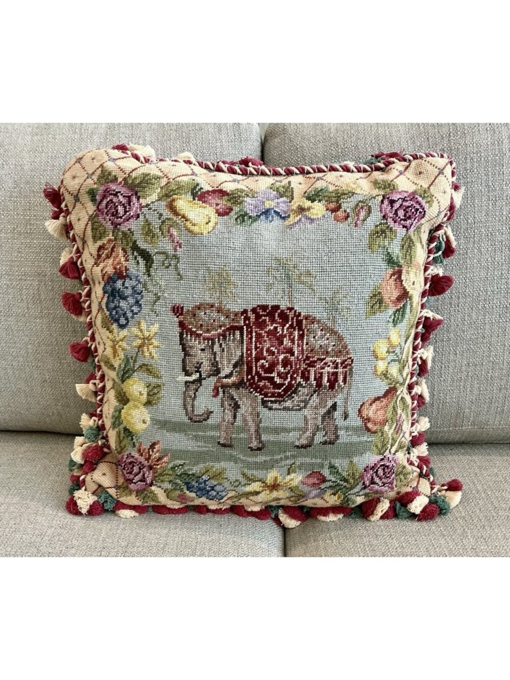 Needlepoint Elephant Floral Tassel Pillow 123 Creations 20x20 Velvet Back